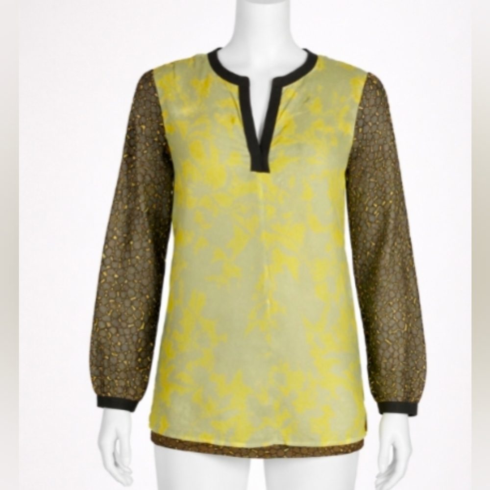 Max Mara yellow and green silk abstract patterned tunic.‎ Stretchy fabric in the